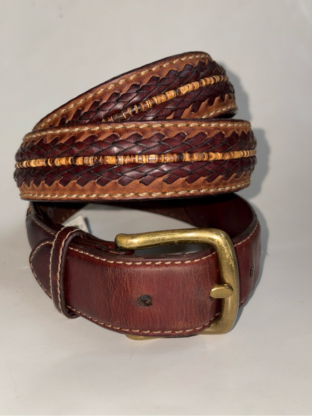 Mens Orvis Brown Braided & Raised Leather Belt W/Brass Buckle Size 42”